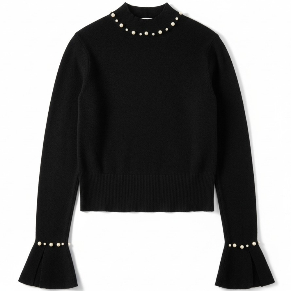 French Connection Pearl Trim Bell Sleeve Sweater | Black | XS | NWT